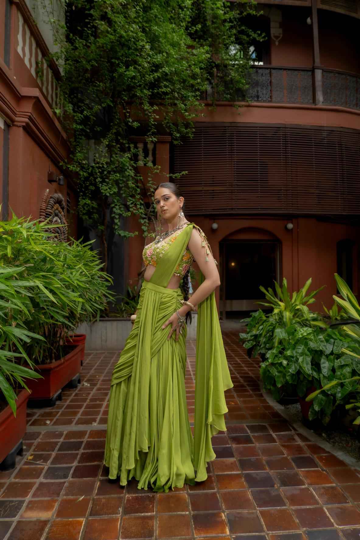 Green Georgette Draped Saree Set