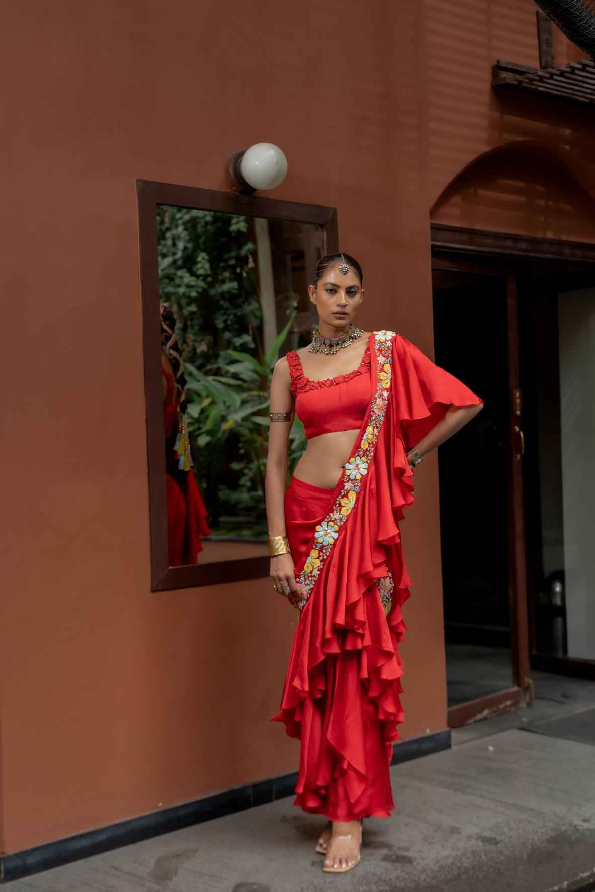 Red Organza Satin Draped Saree Set