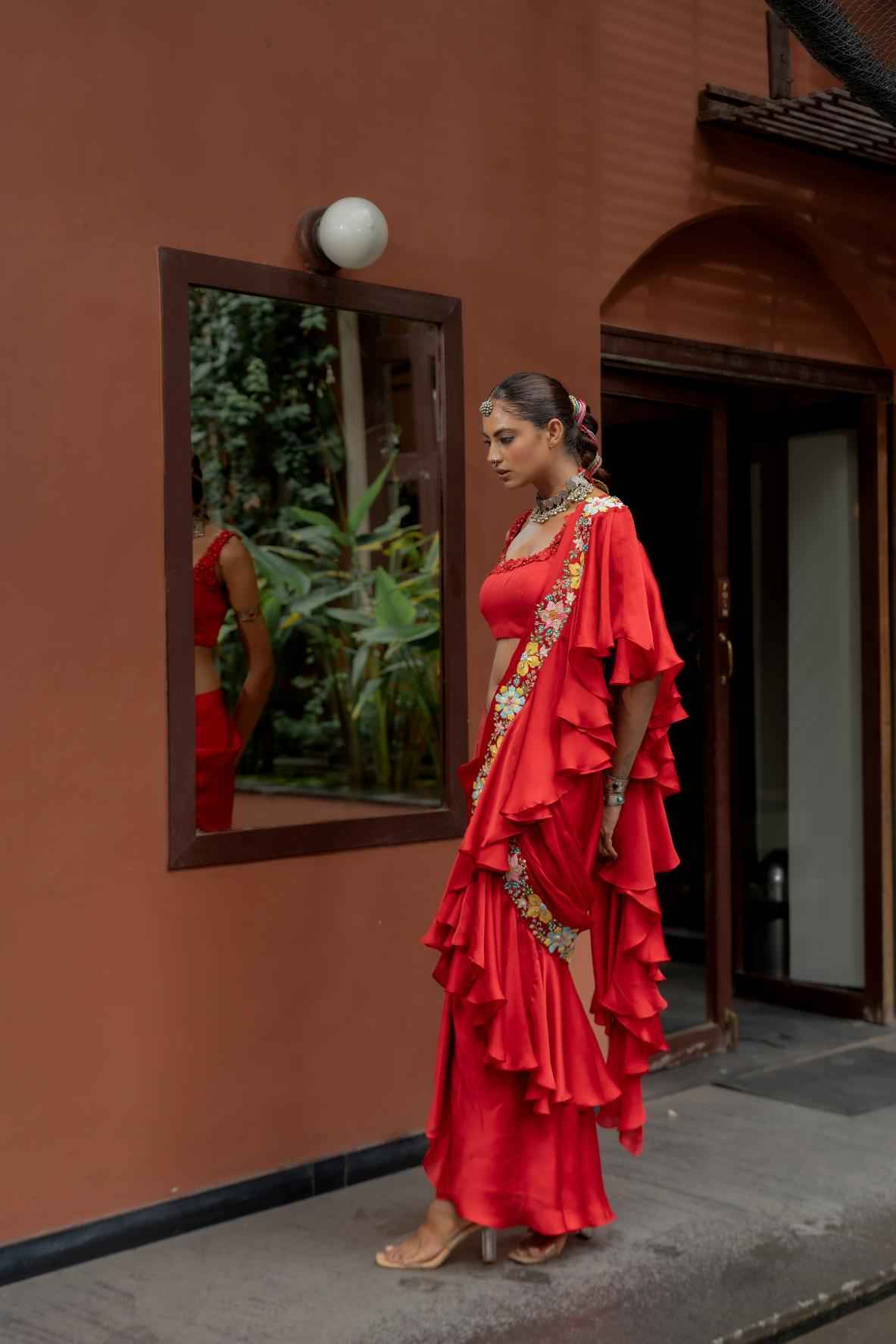 Red Organza Satin Draped Saree Set