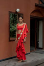 Red Organza Satin Draped Saree Set