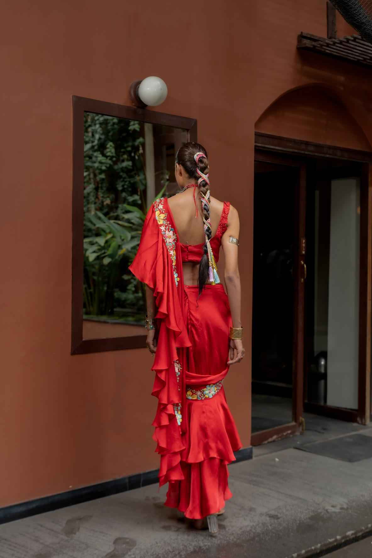 Red Organza Satin Draped Saree Set