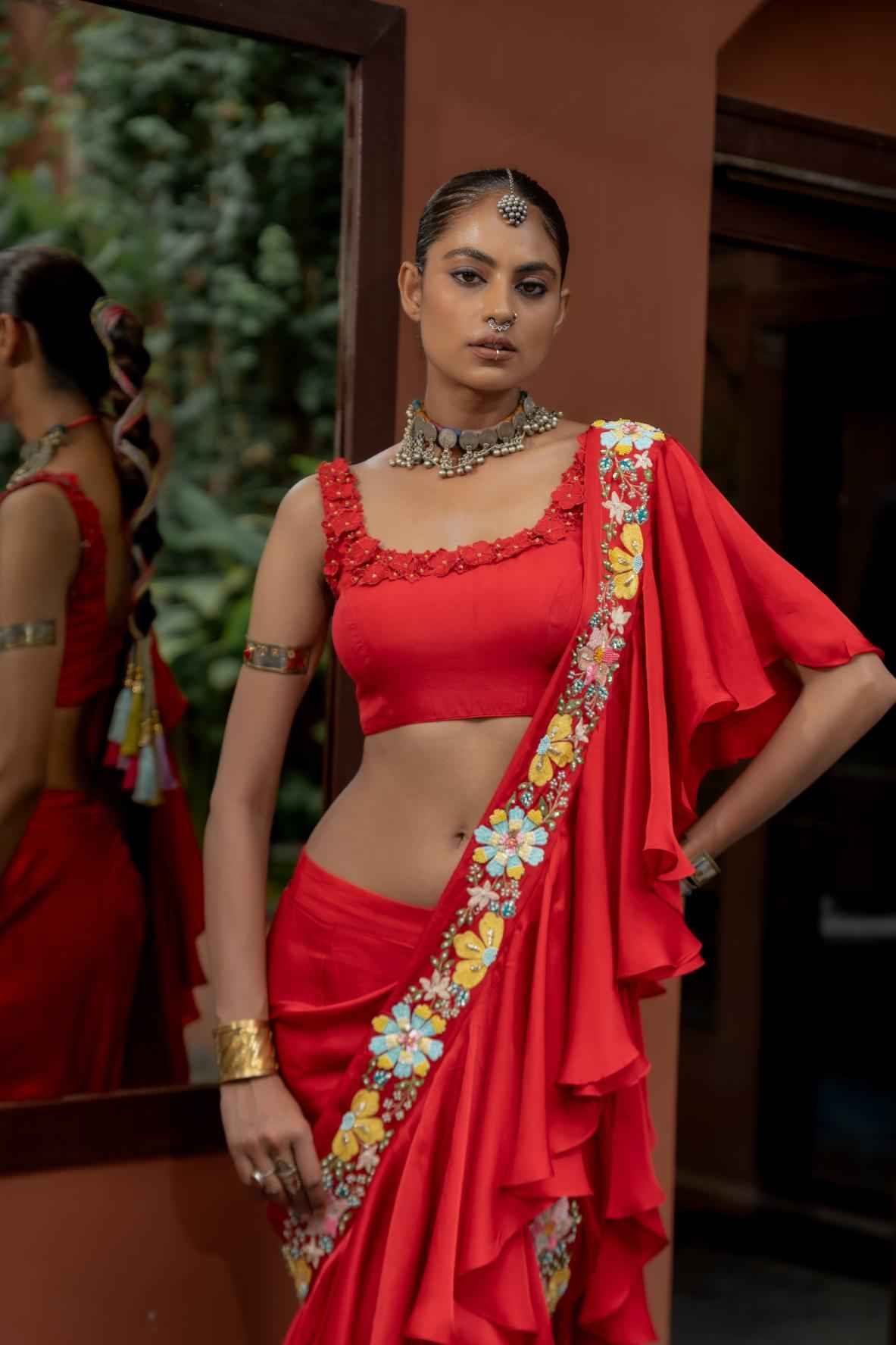 Red Organza Satin Draped Saree Set