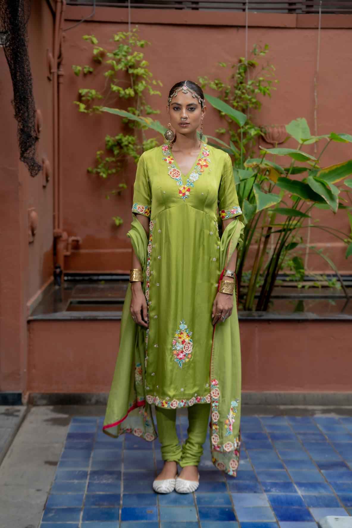 Green Organza Satin Kurta Set