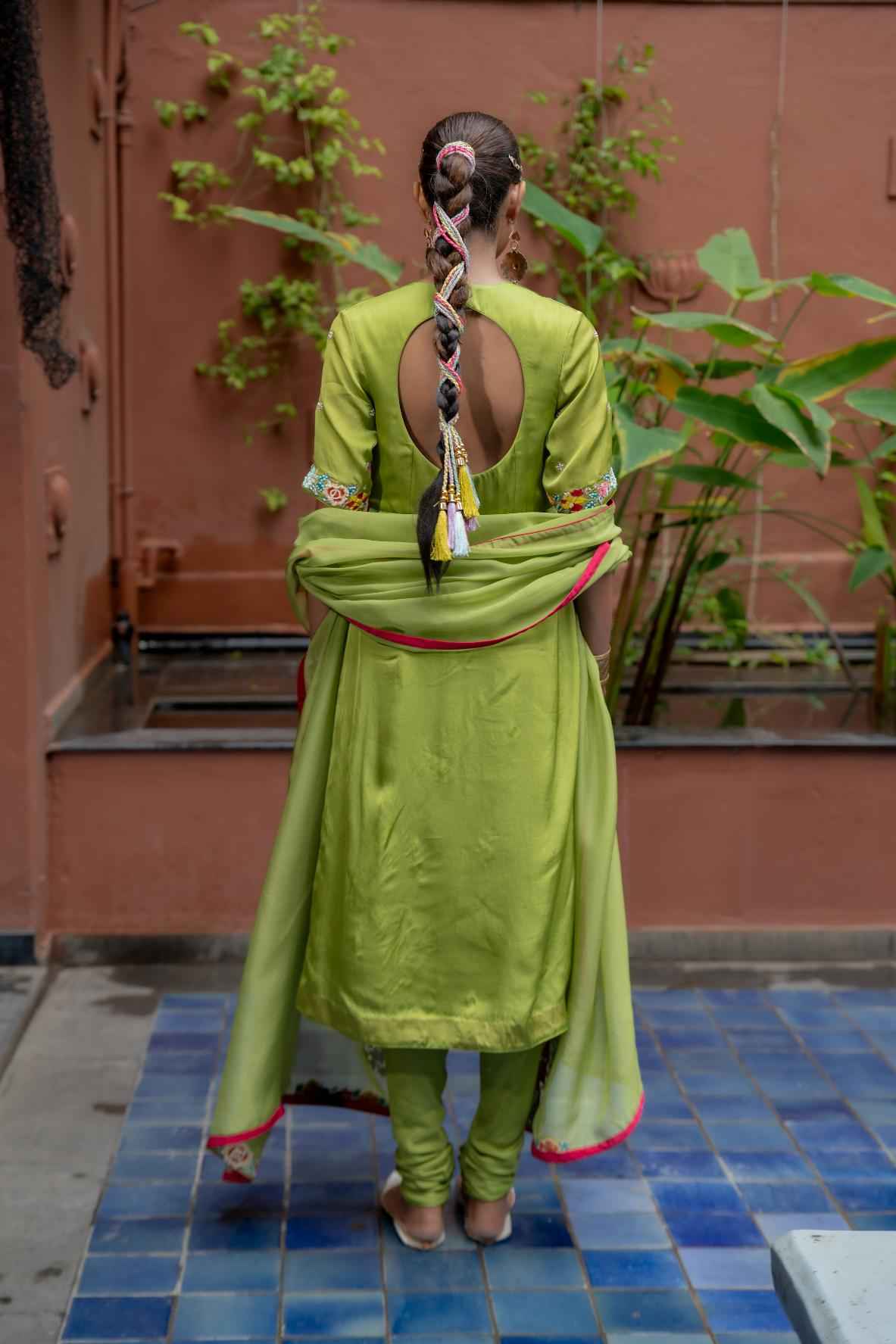 Green Organza Satin Kurta Set