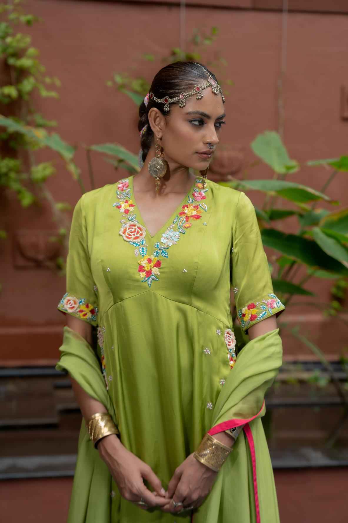 Green Organza Satin Kurta Set