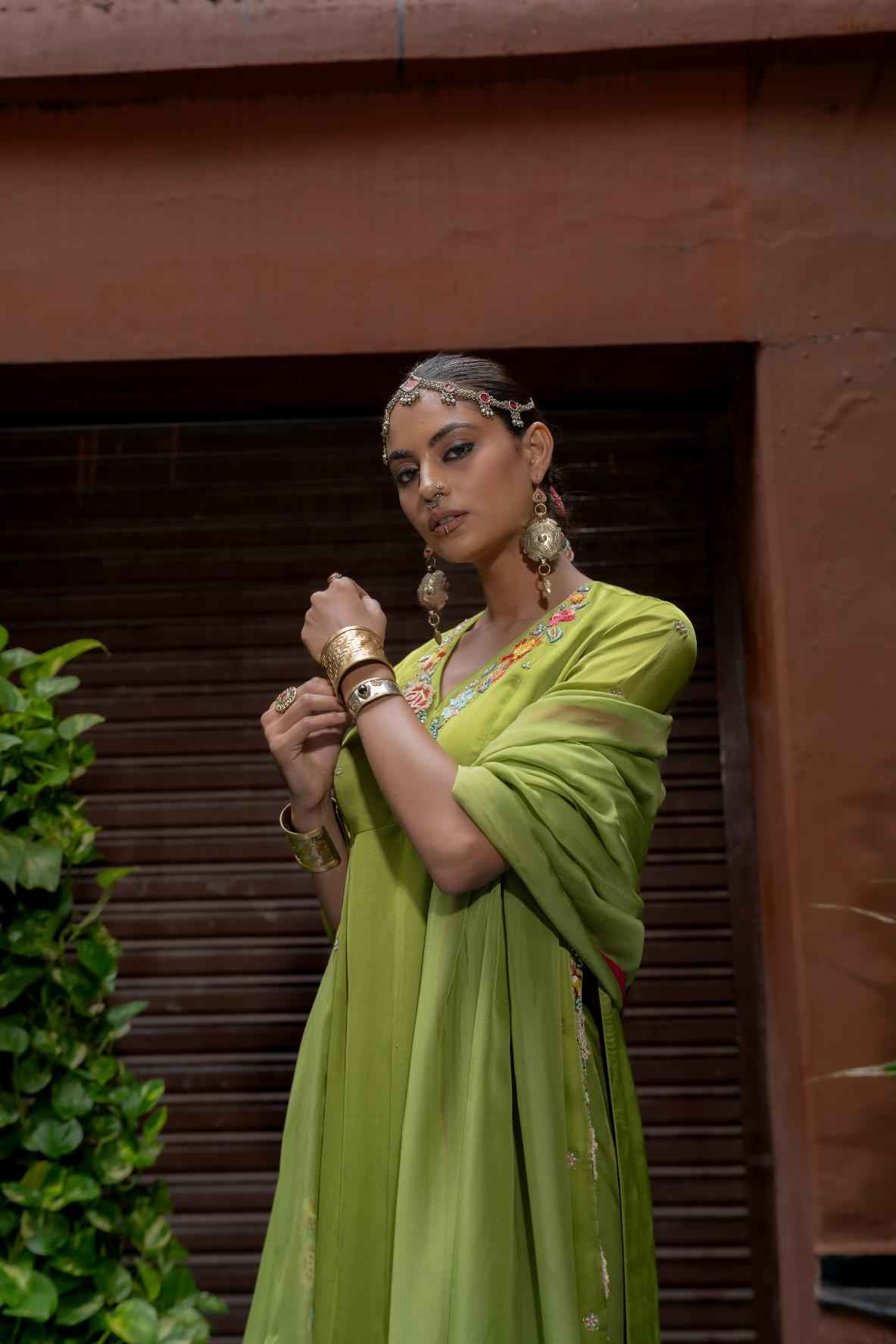 Green Organza Satin Kurta Set