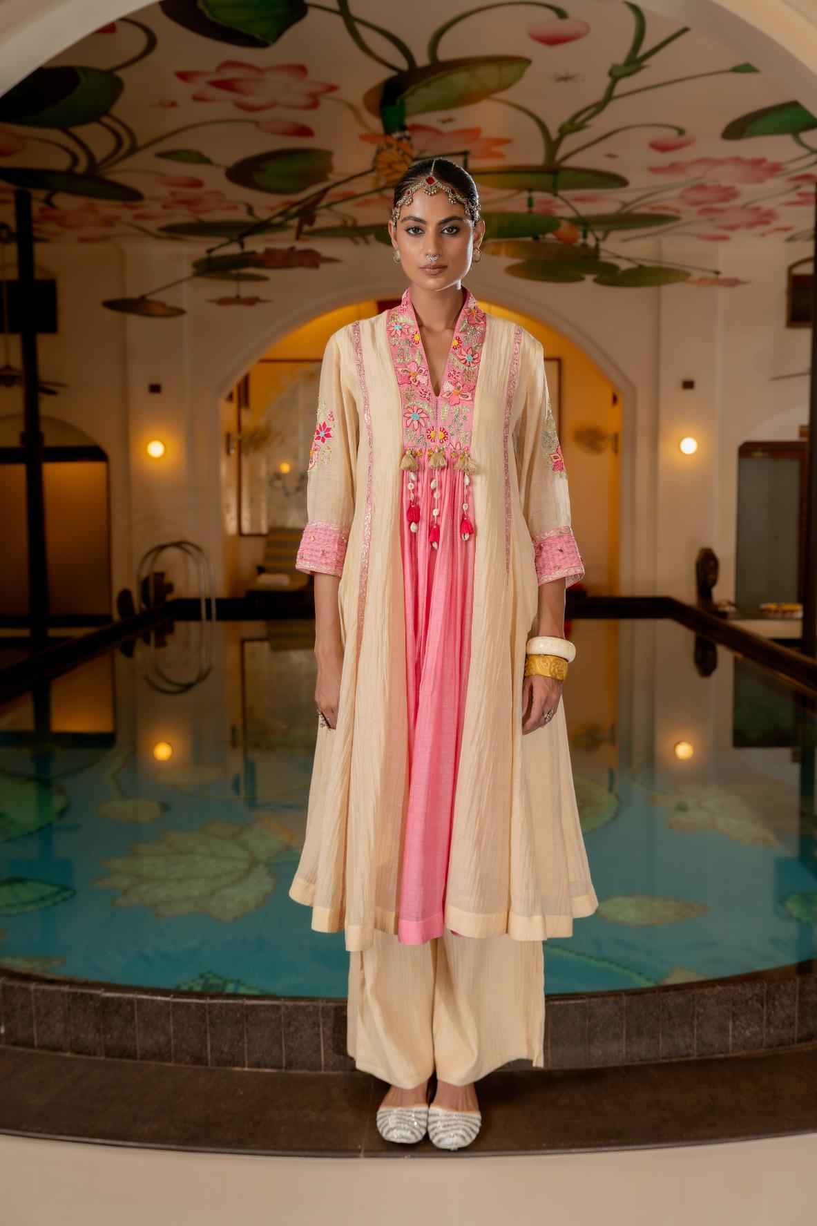 Beige Malai Chanderi  Kurta Set