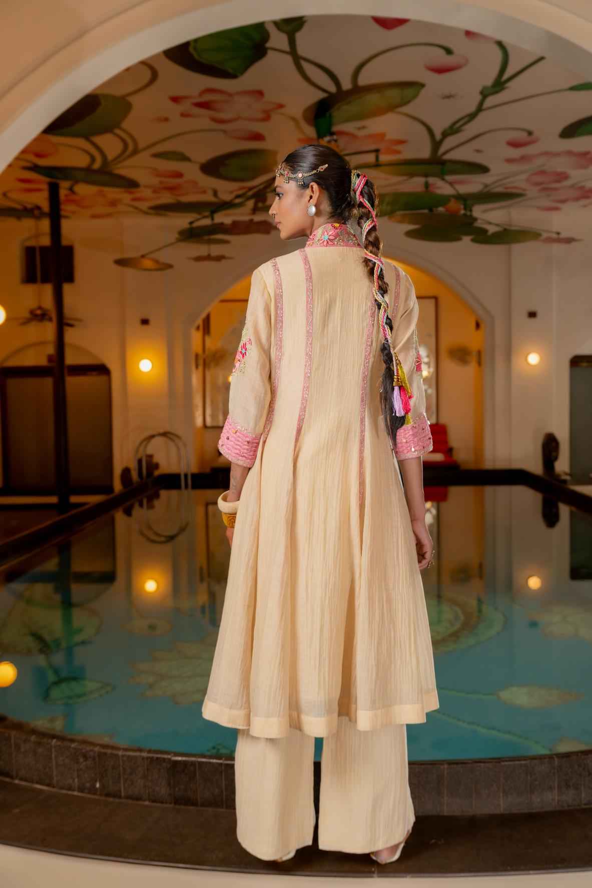 Beige Malai Chanderi  Kurta Set