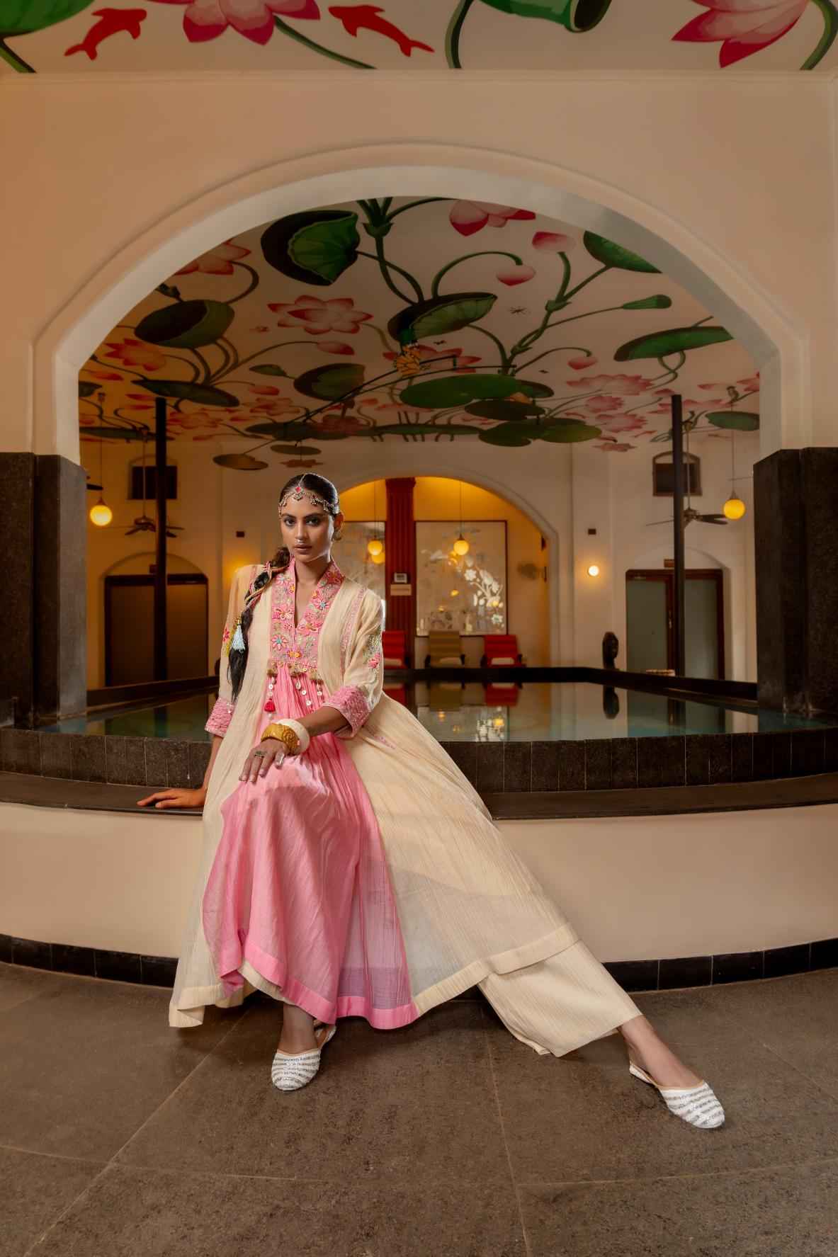 Beige Malai Chanderi  Kurta Set