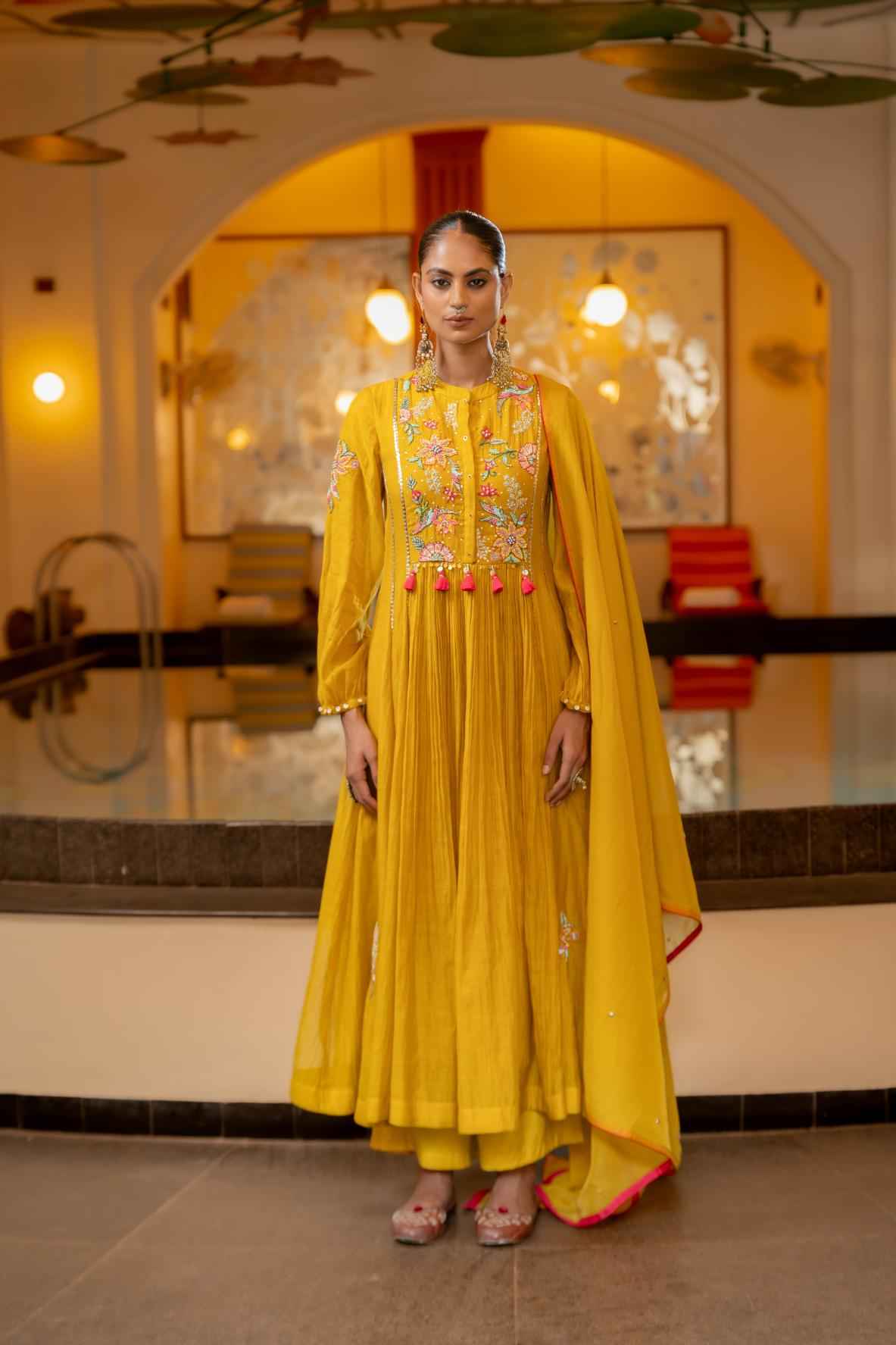 Musturd Malai Chanderi Anarkali Set