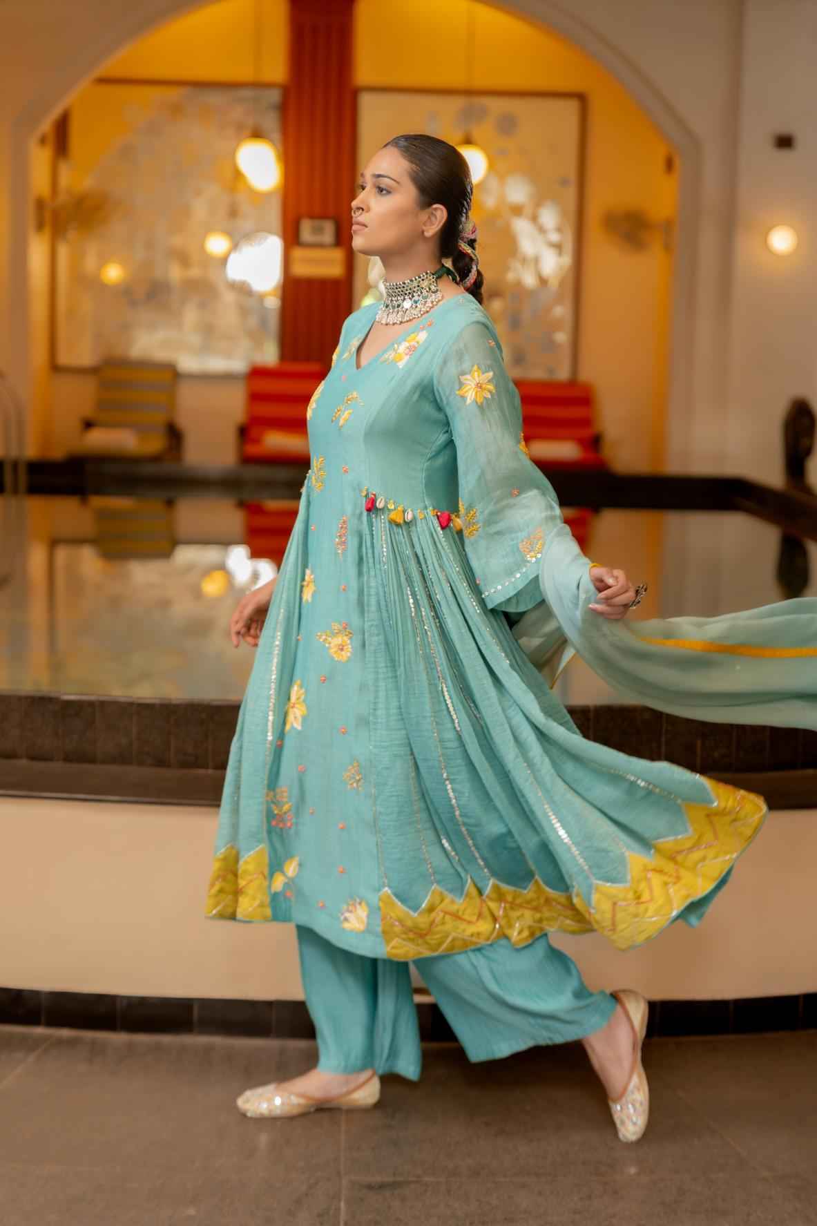 Blue Malai Chanderi Kurta Set