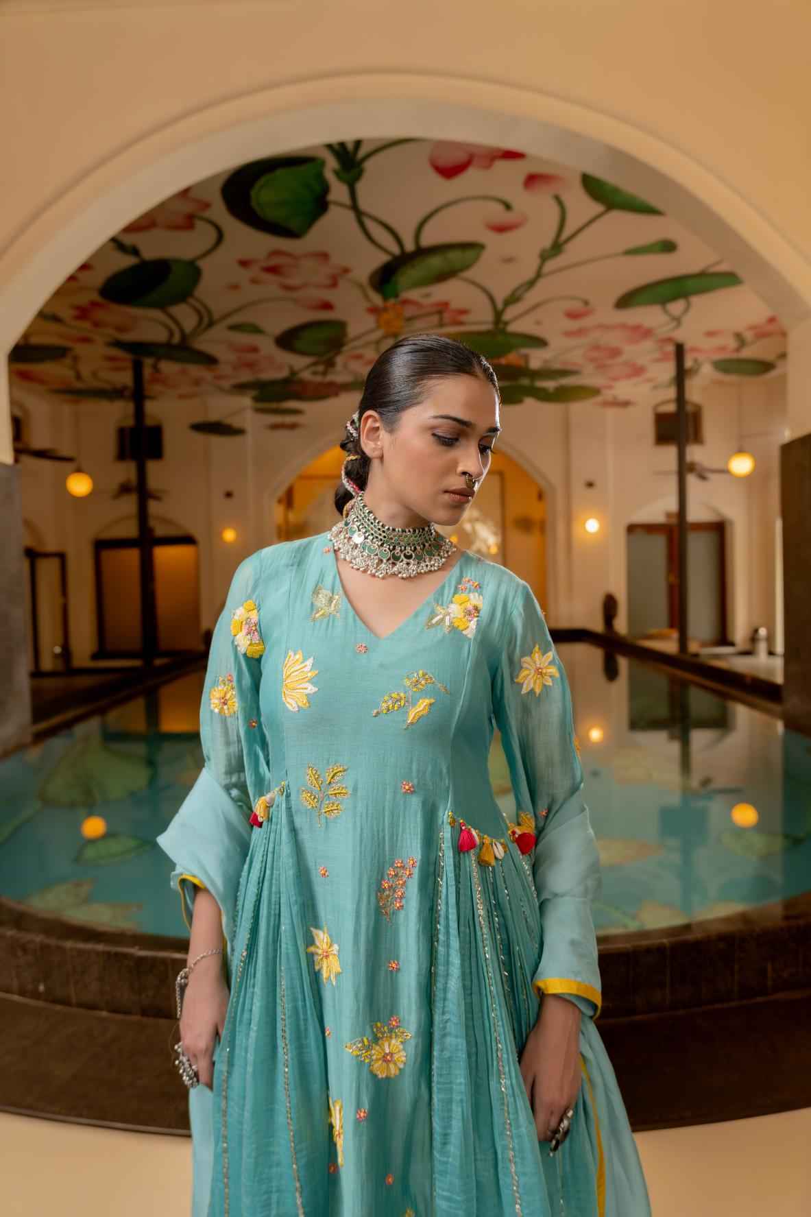 Blue Malai Chanderi Kurta Set
