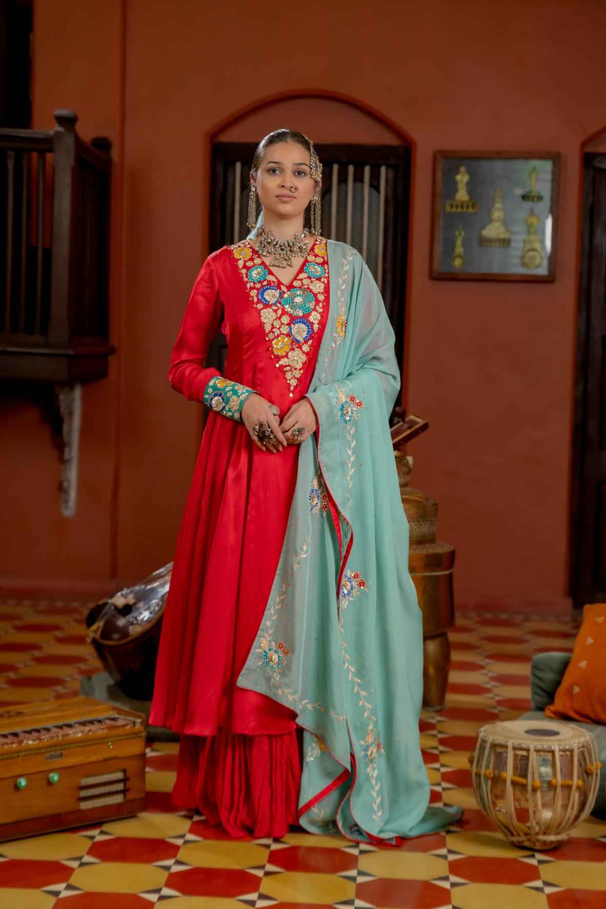 Red Organza Satin Anarkali Set