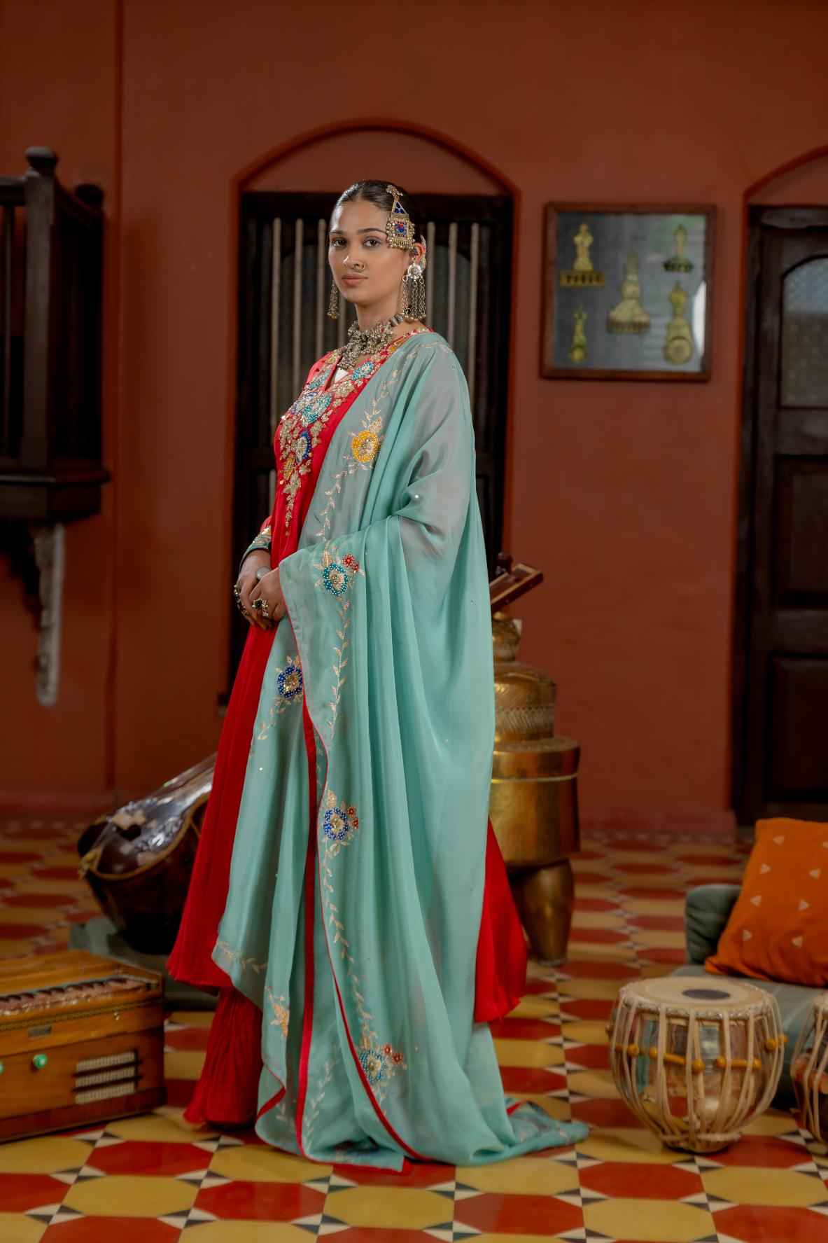 Red Organza Satin Anarkali Set