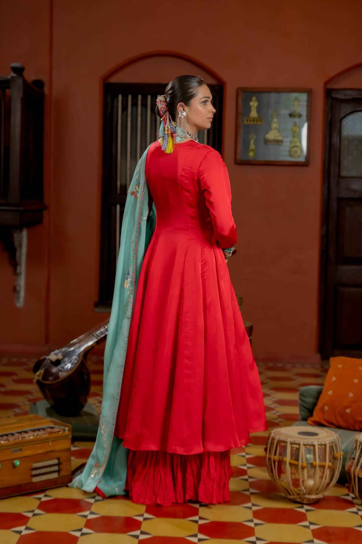 Red Organza Satin Anarkali Set