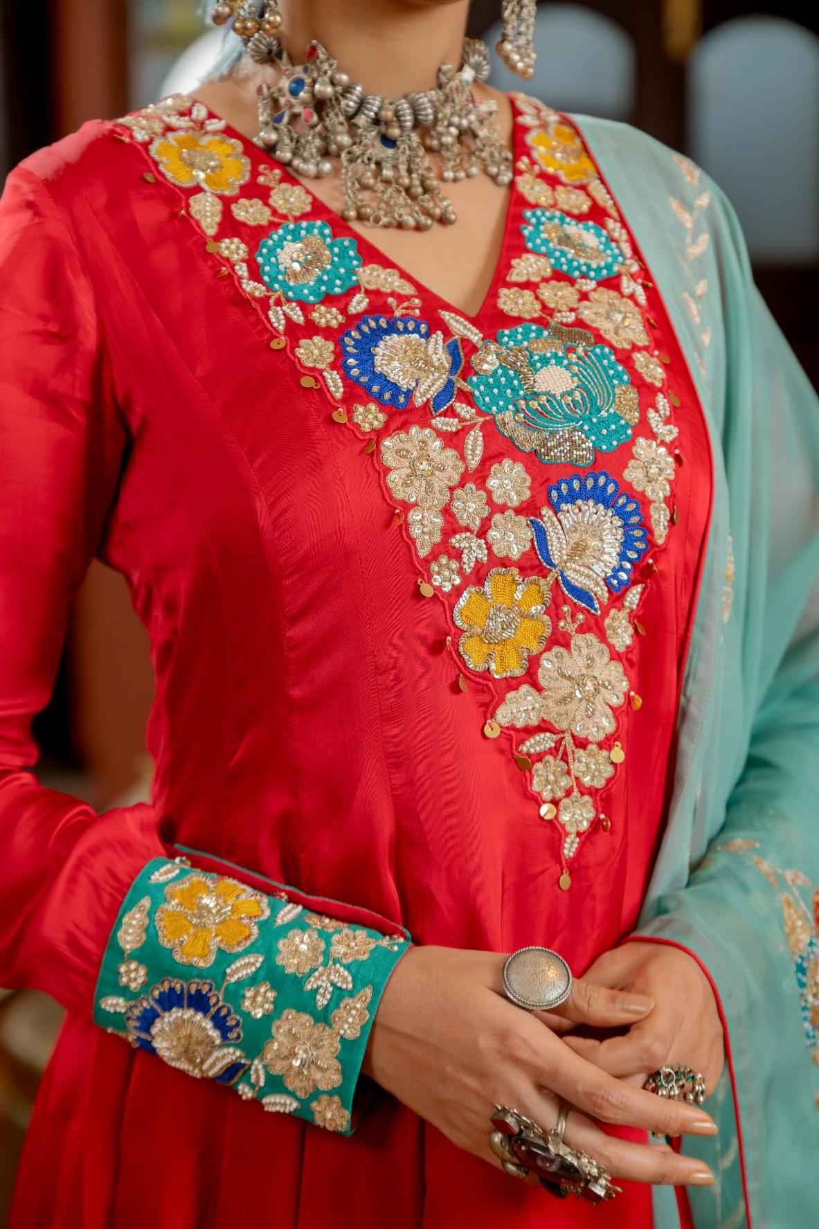 Red Organza Satin Anarkali Set