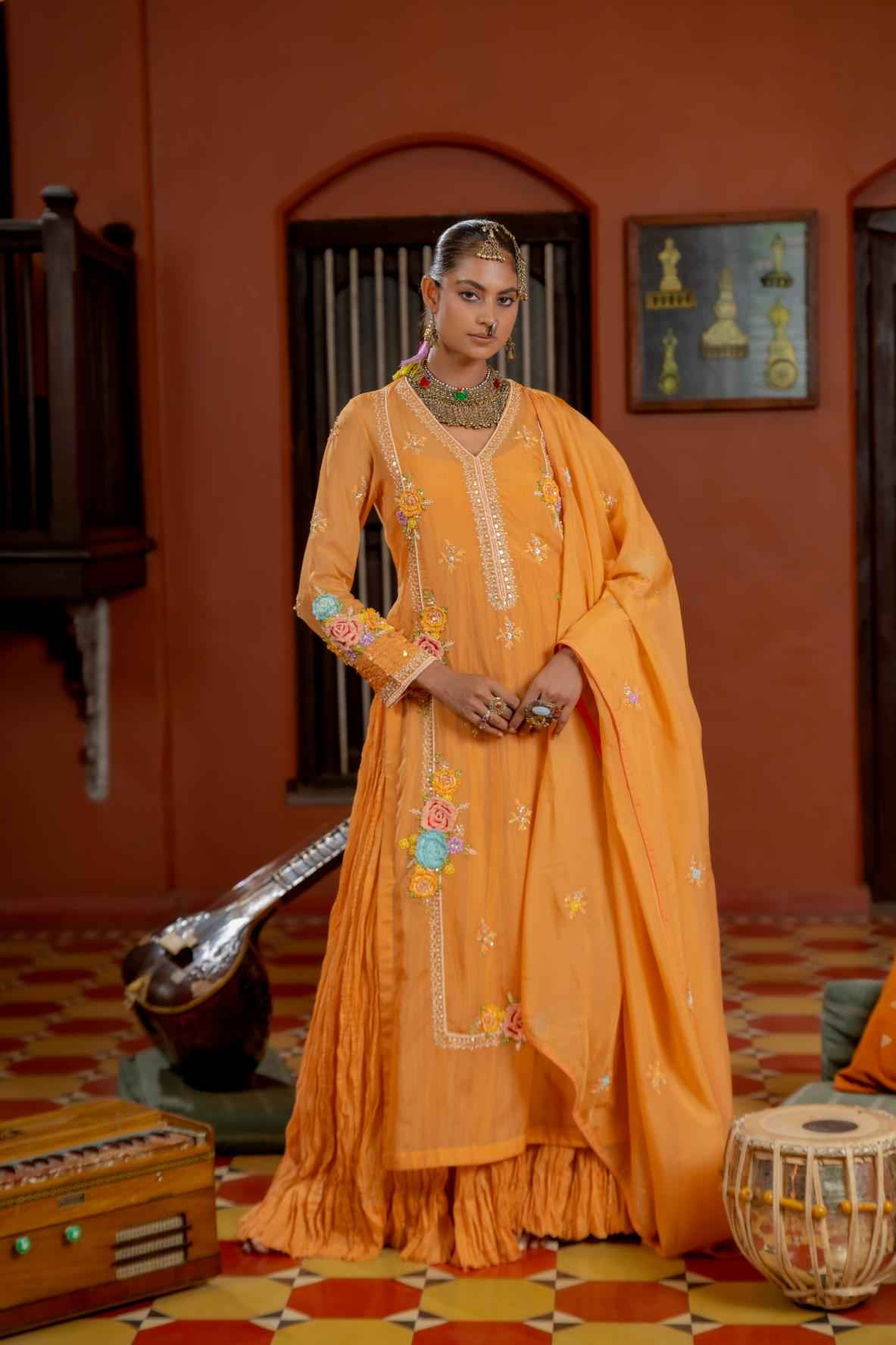 Orange Organza Kurta-Gown Set