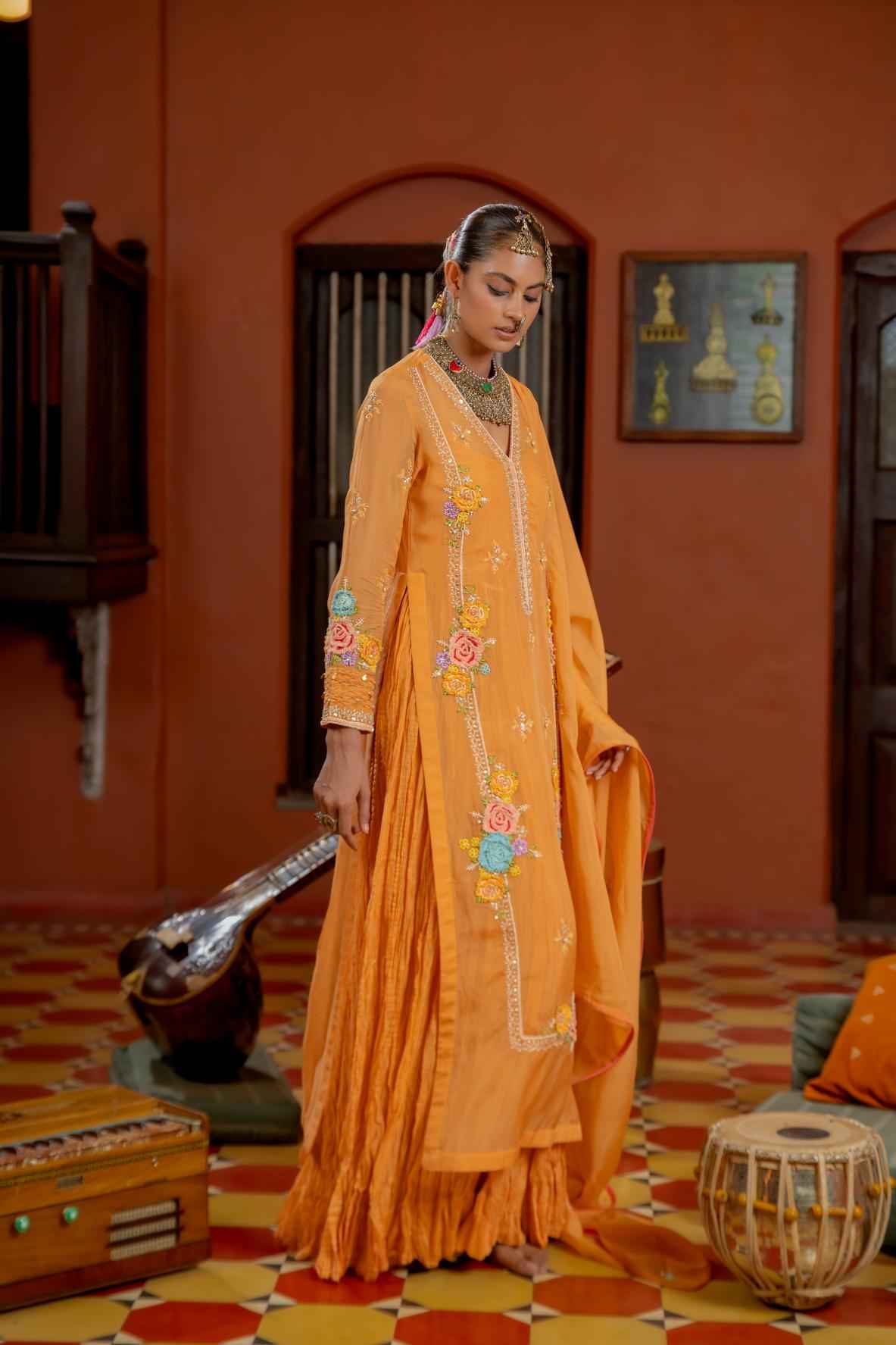 Orange Organza Kurta-Gown Set
