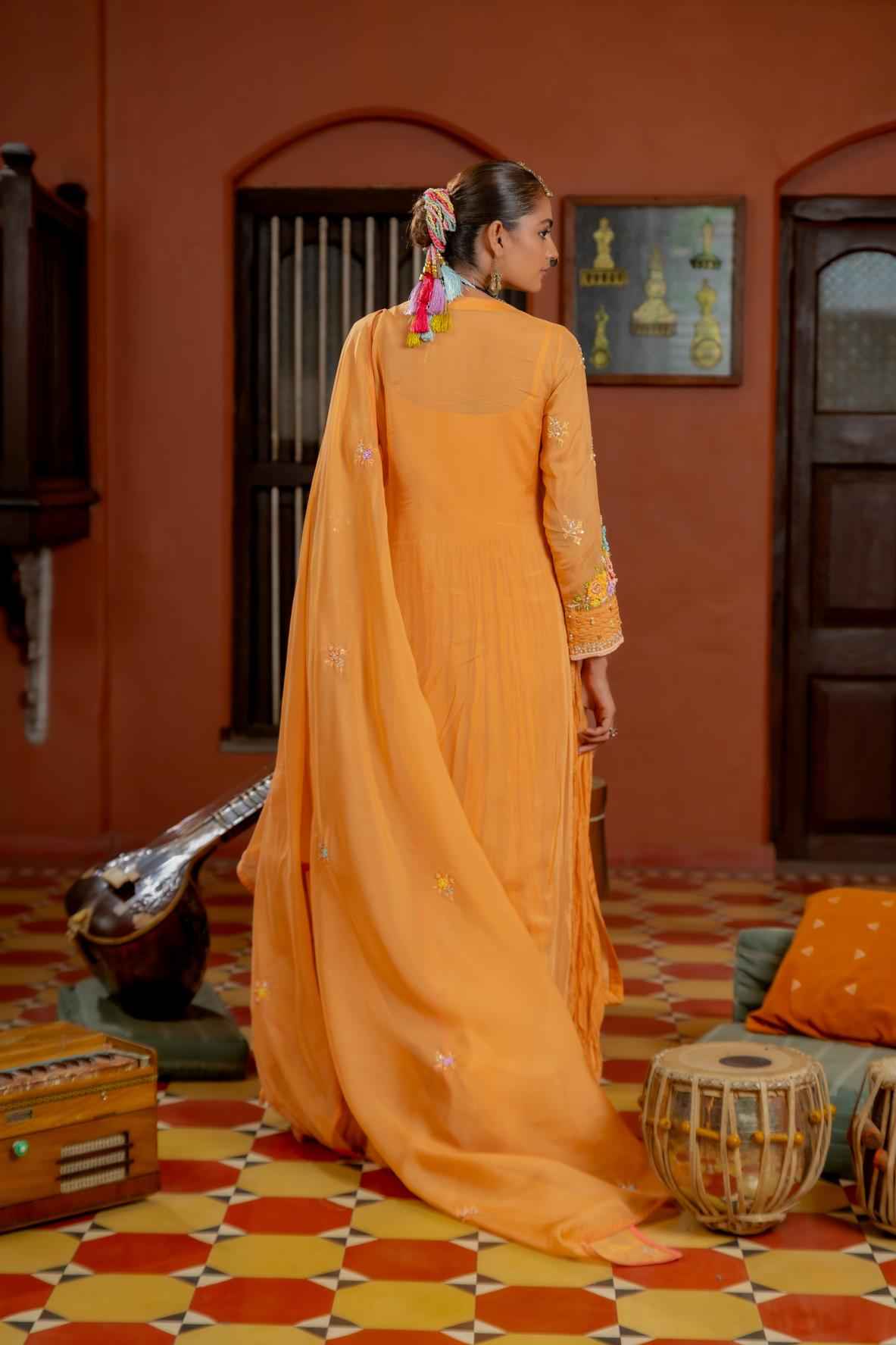 Orange Organza Kurta-Gown Set