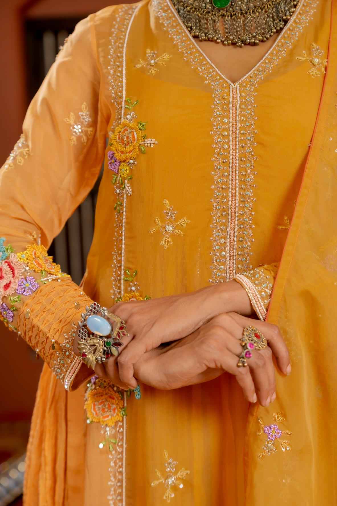 Orange Organza Kurta-Gown Set