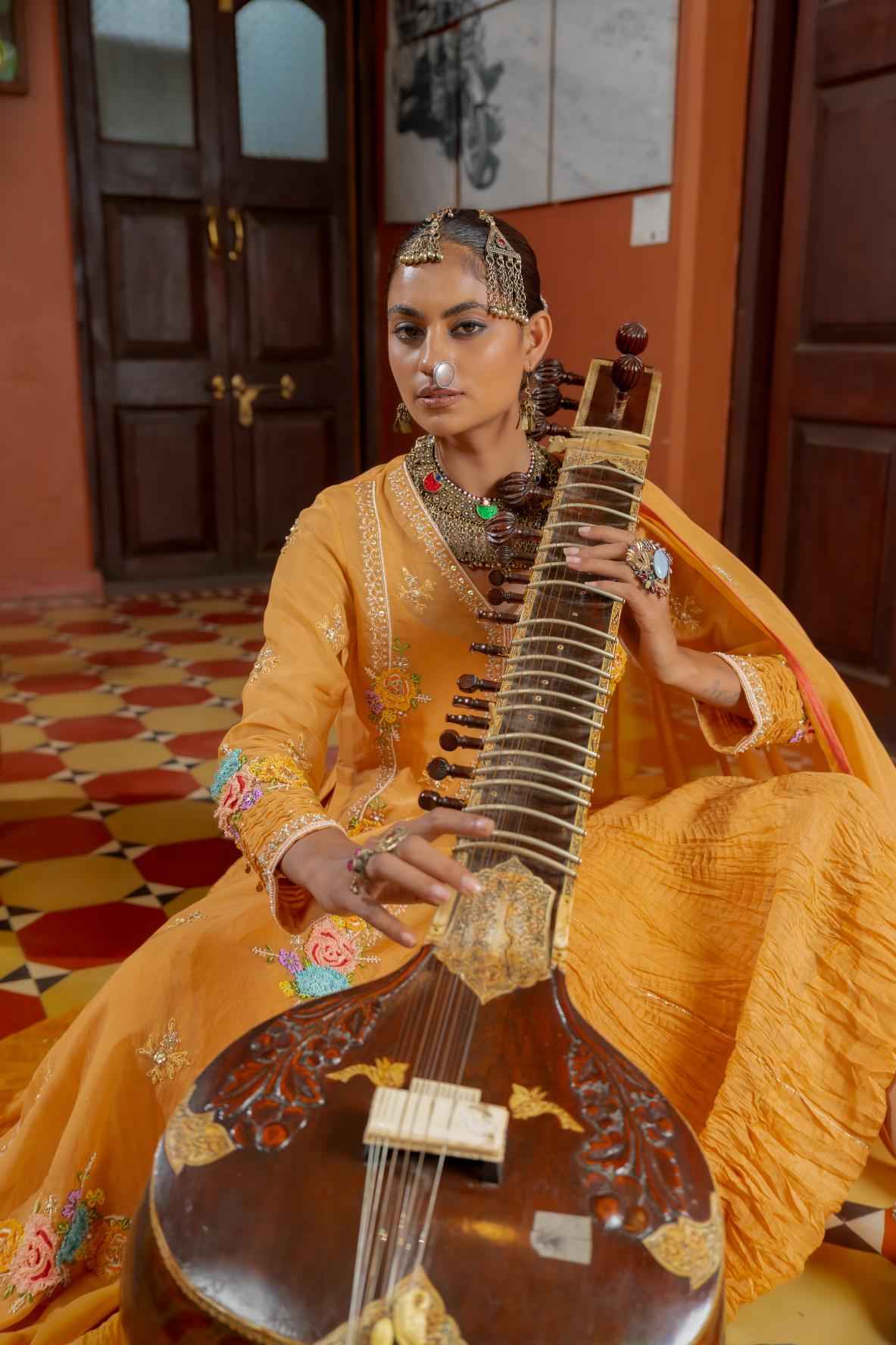 Orange Organza Kurta-Gown Set