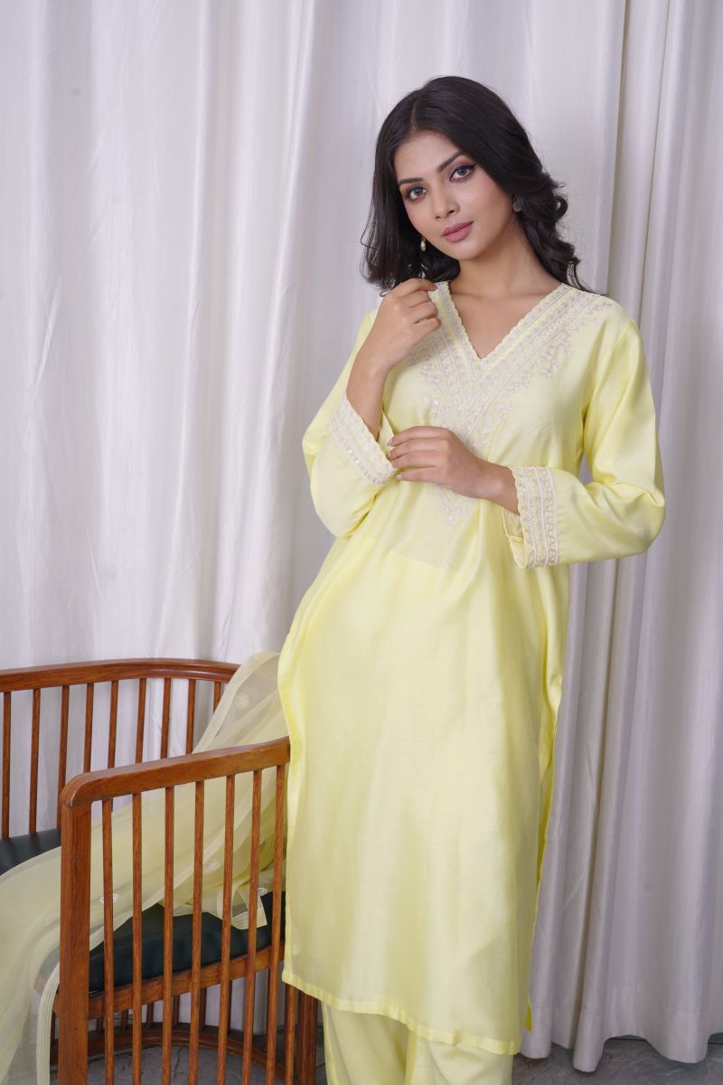Yellow Kurta Set In  Chanderi Base Fabric