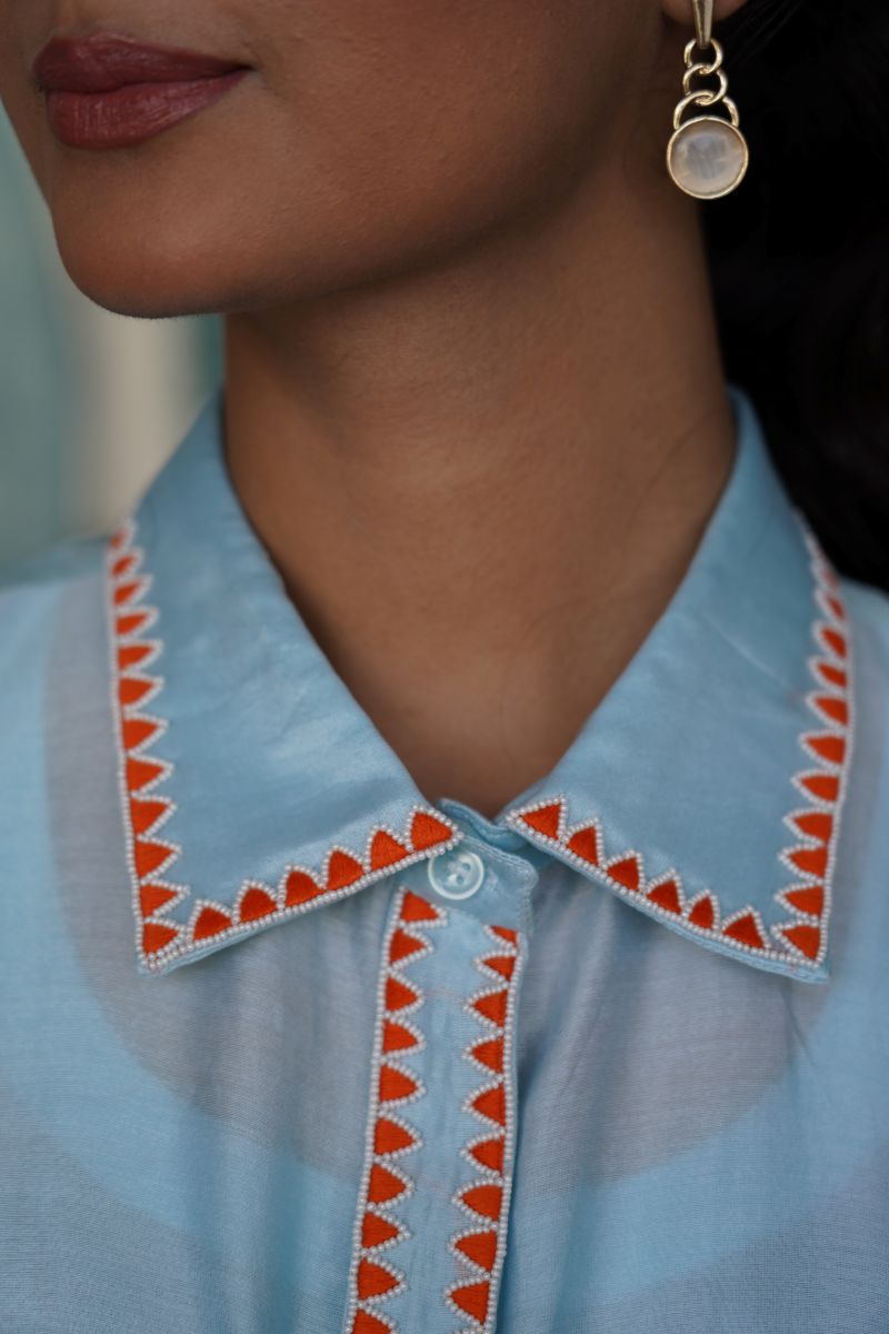 Chanderi Shirt With Playful Orange Resham Work