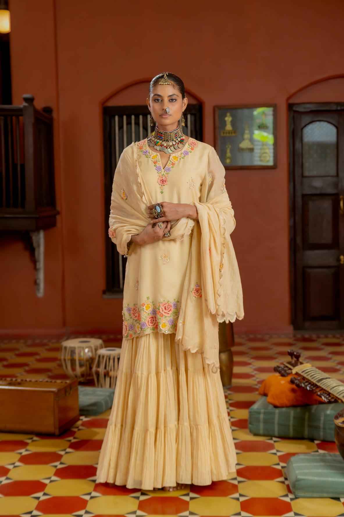 Beige Malai Chanderi Sharara Set