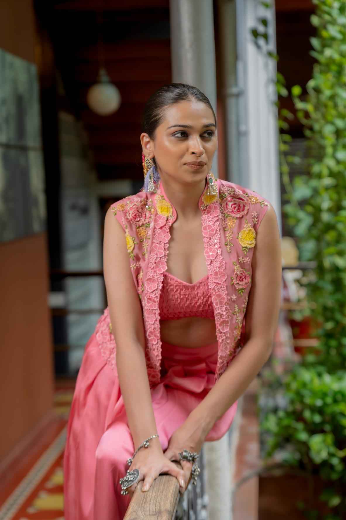 Pink Organza Embroidery Cape Set