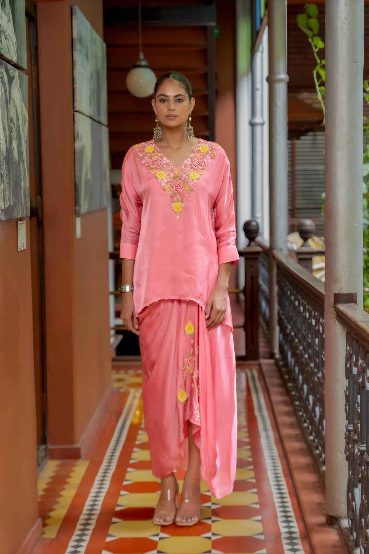 Pink Organza Satin Draped Skirt Set