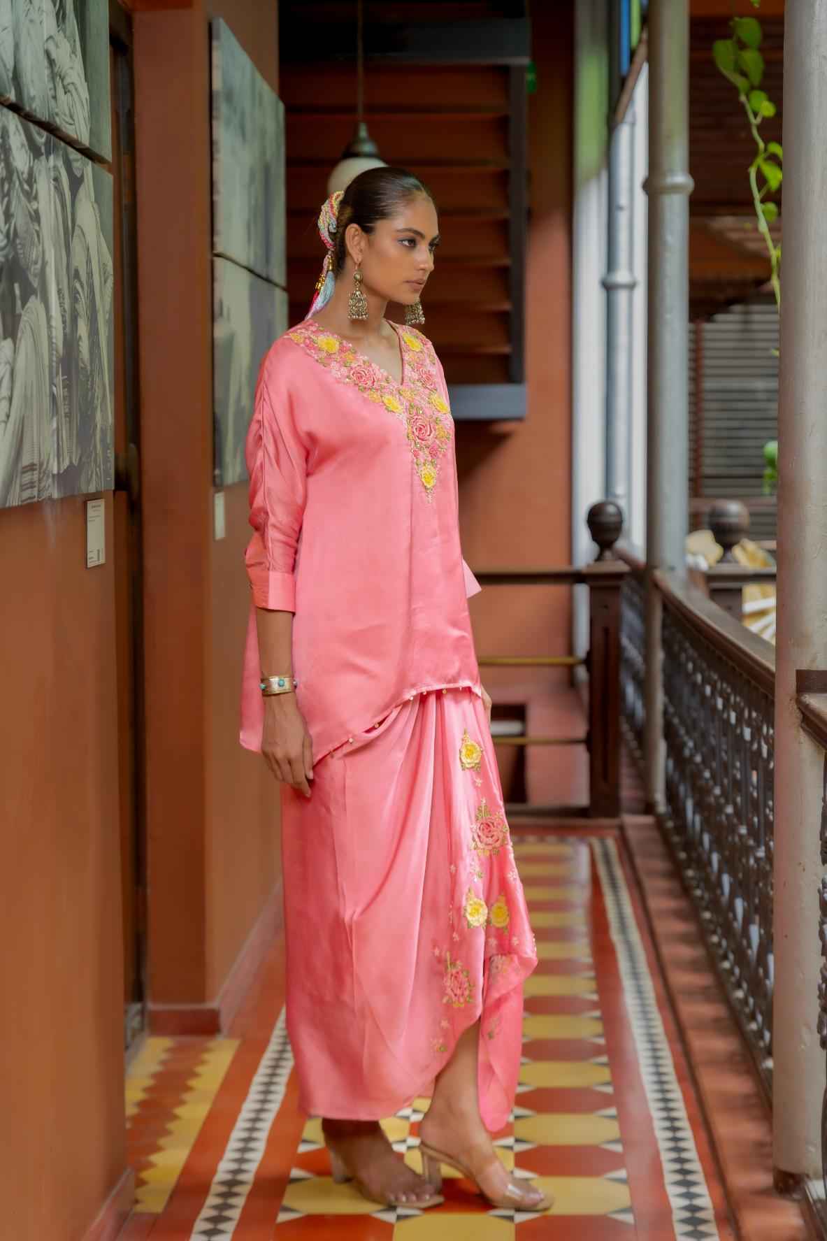 Pink Organza Satin Draped Skirt Set