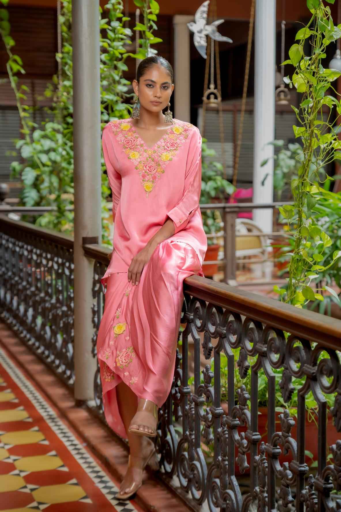 Pink Organza Satin Draped Skirt Set