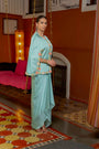 Blue Organza Satin Dreped Skirt Set