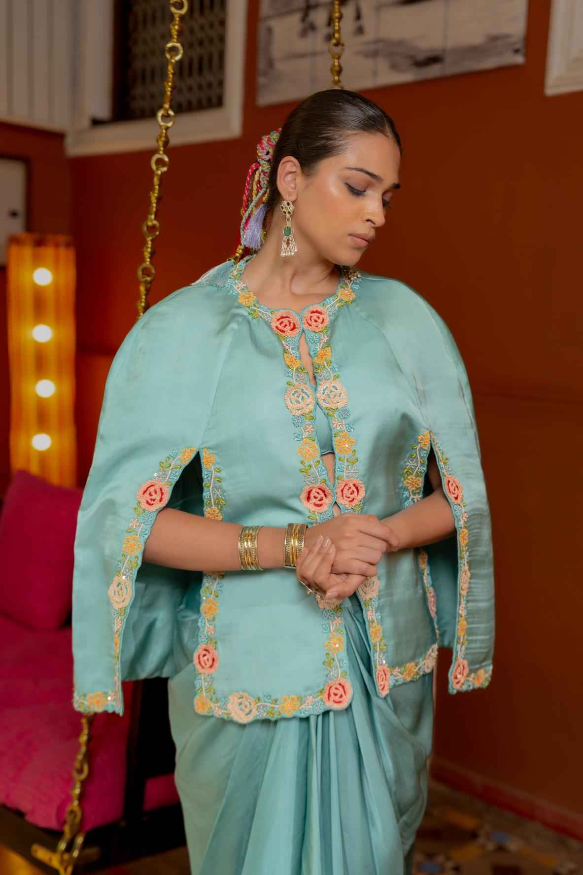 Blue Organza Satin Dreped Skirt Set