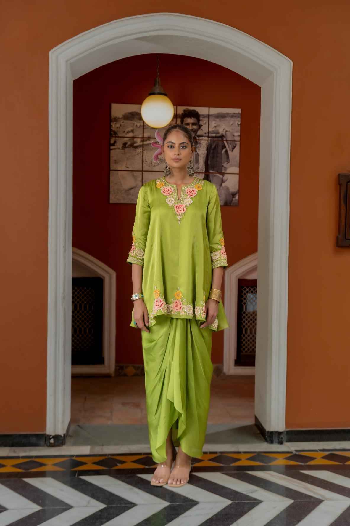 Green Organza Satin  Draped Skirt Set