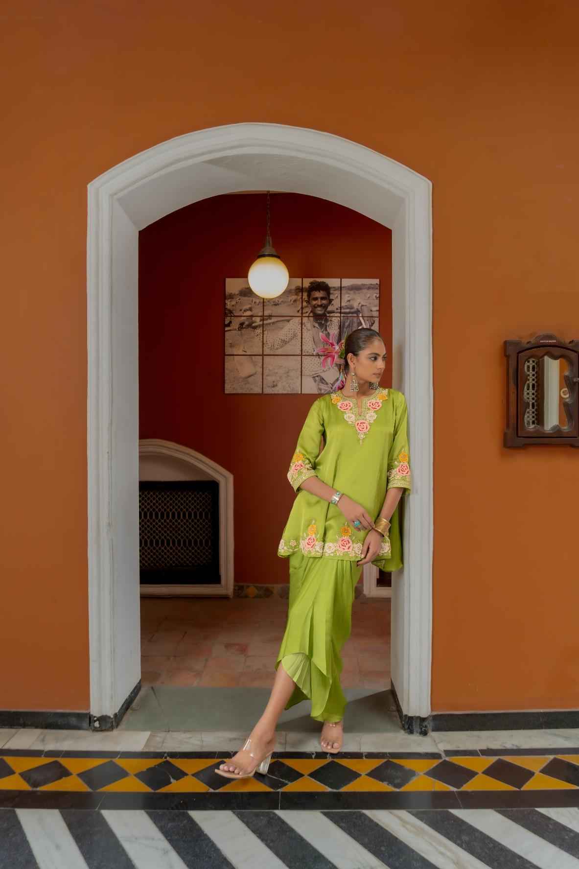 Green Organza Satin  Draped Skirt Set