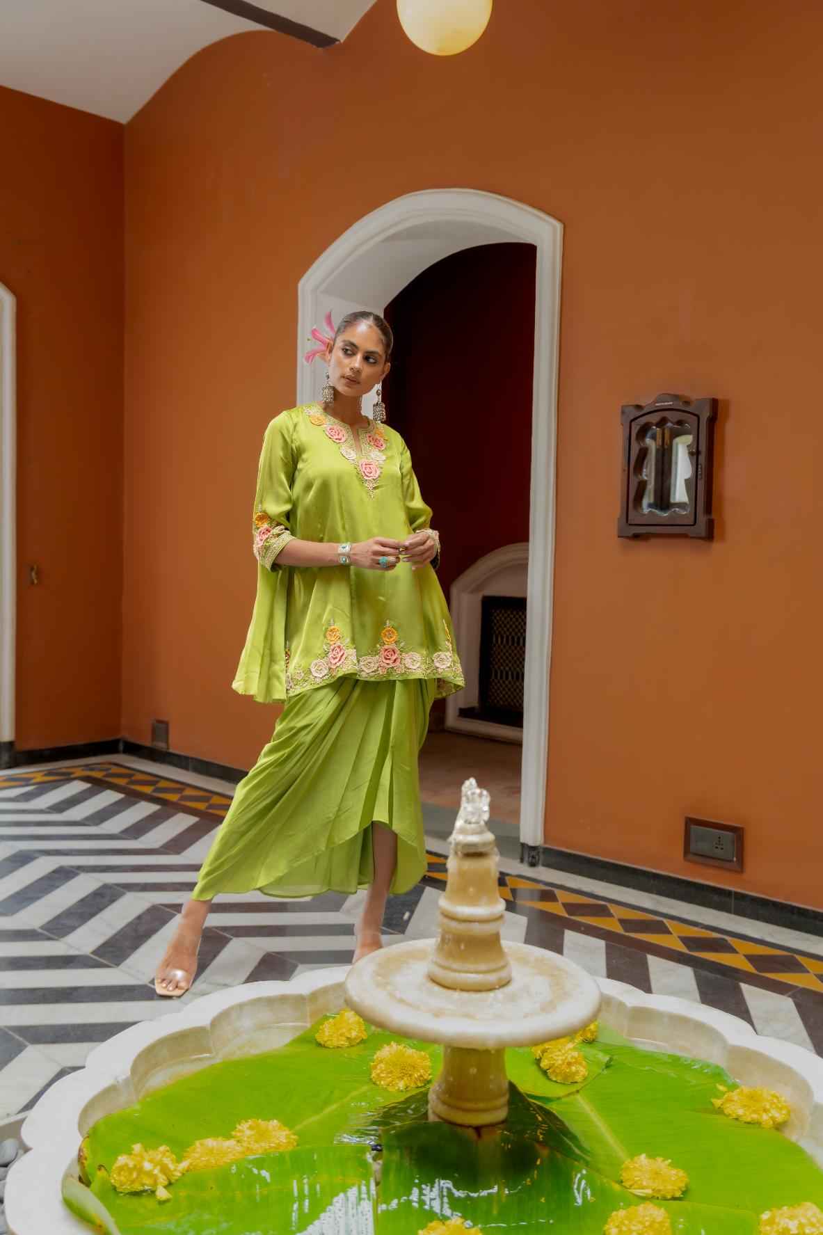 Green Organza Satin  Draped Skirt Set