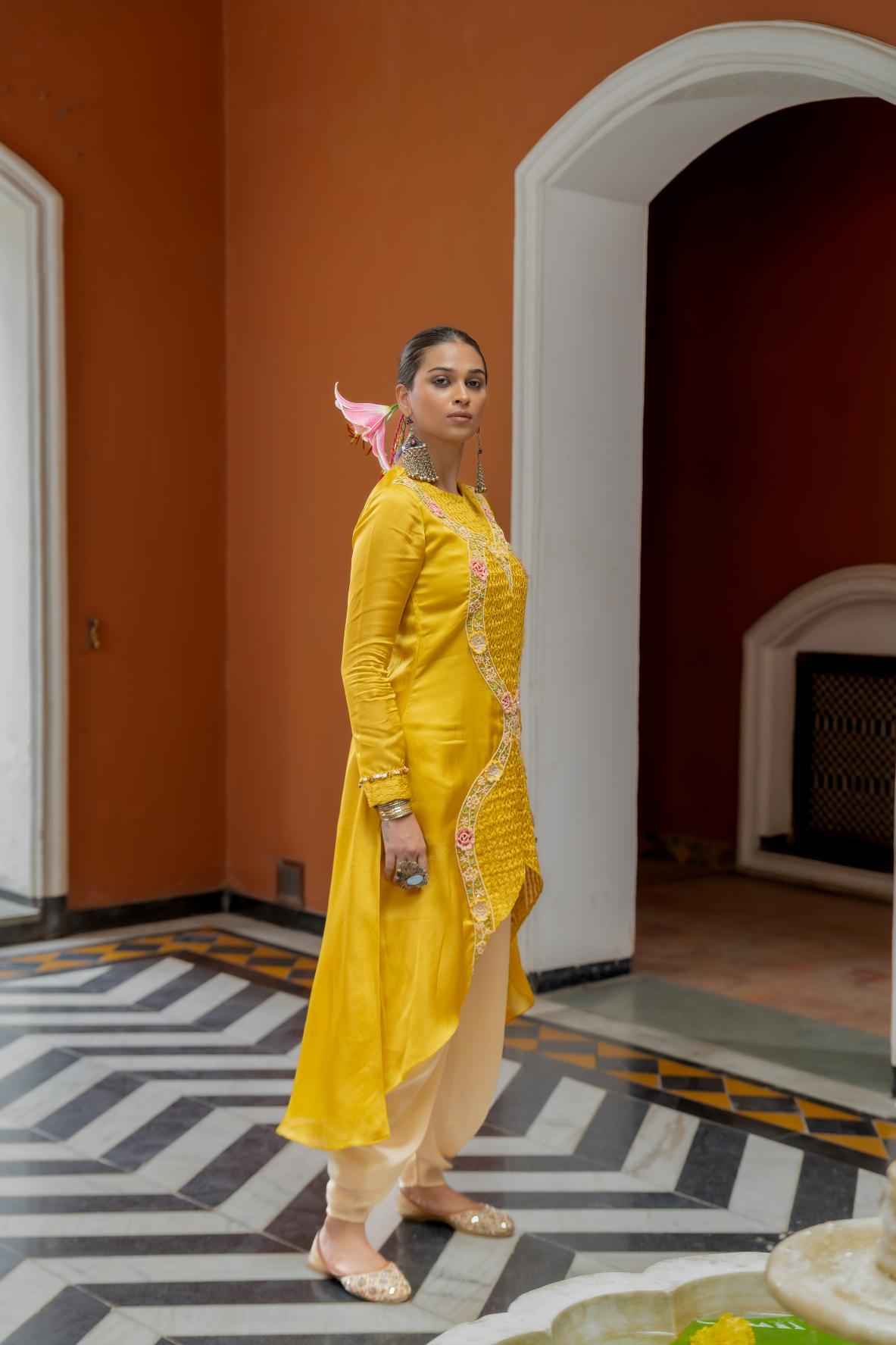 Musturd Organza Satin Dhoti Pent Set