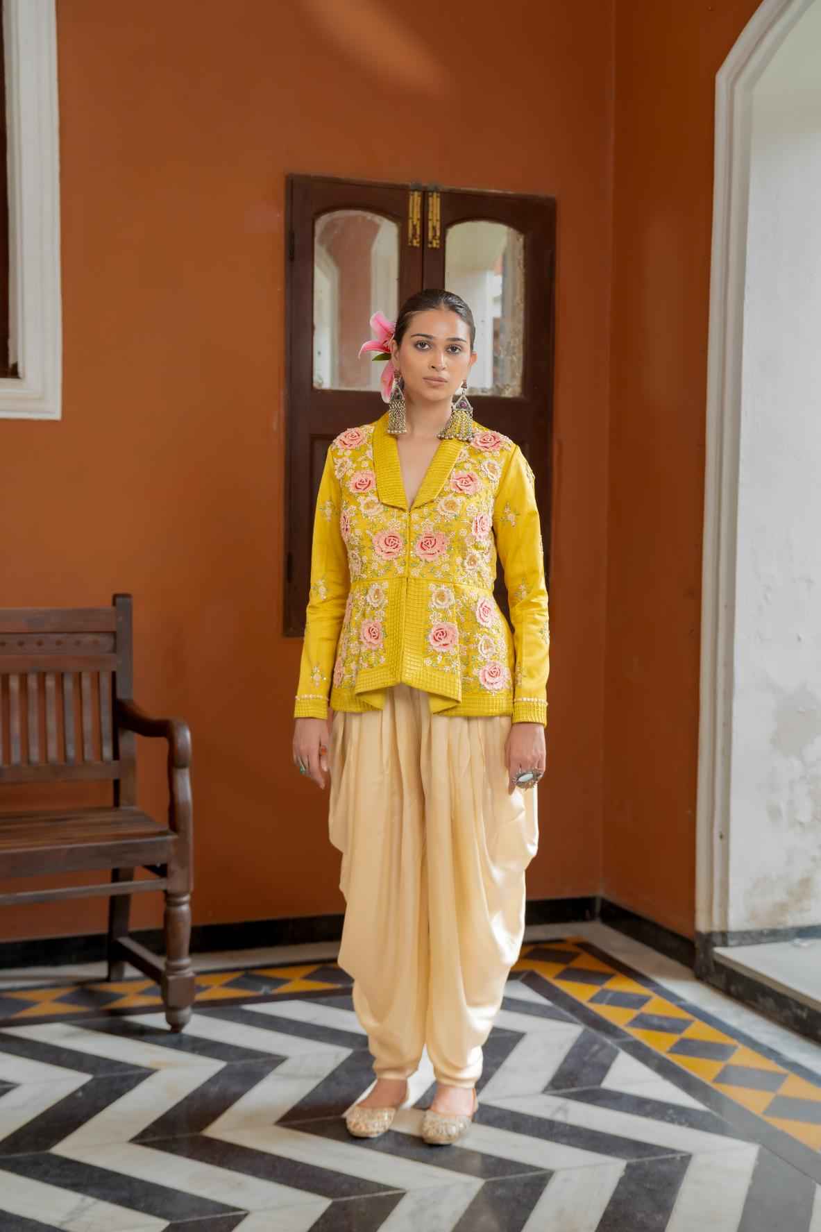 Musturd Organza Satin Peplum Set