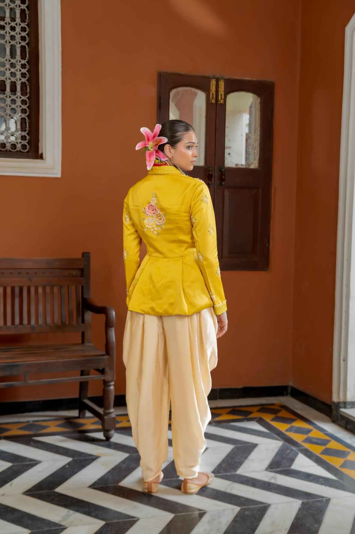Musturd Organza Satin Peplum Set
