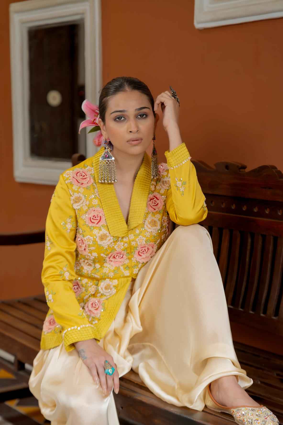 Musturd Organza Satin Peplum Set
