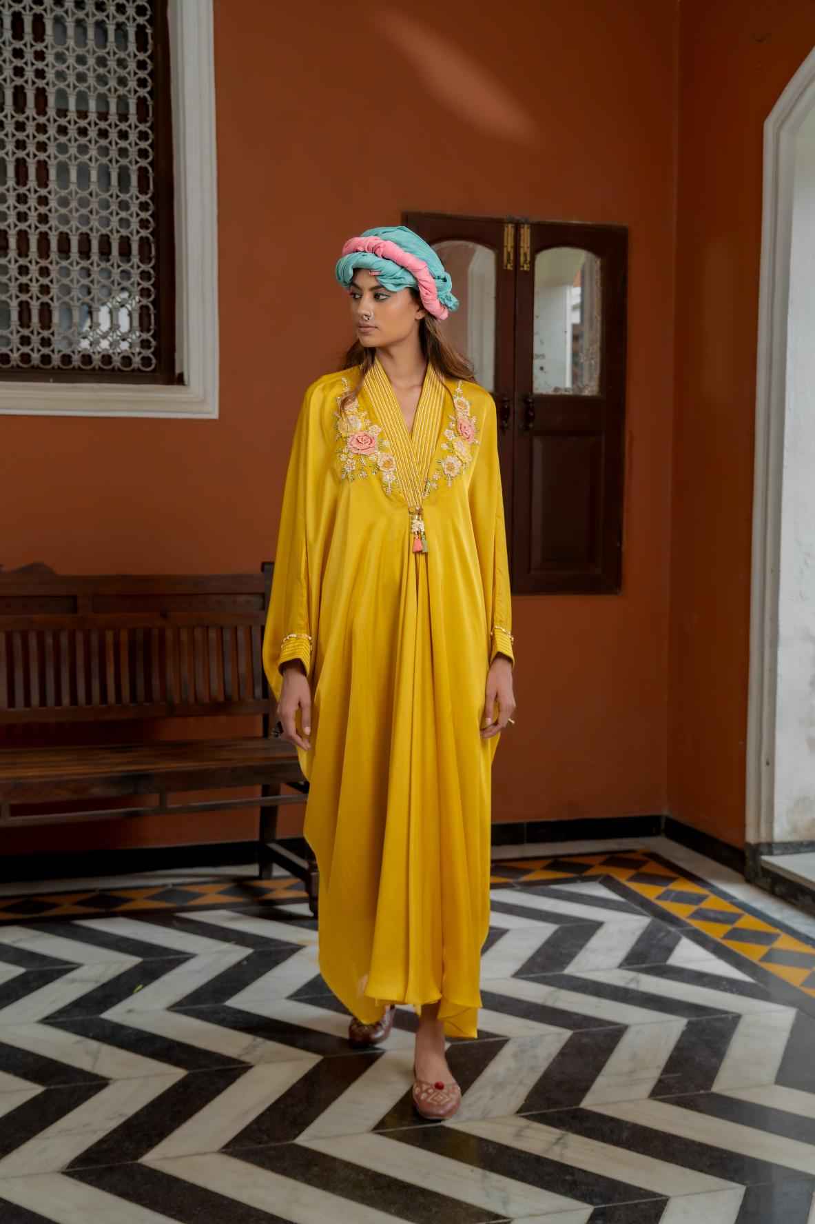 Mustured Organza Satin Kaftan