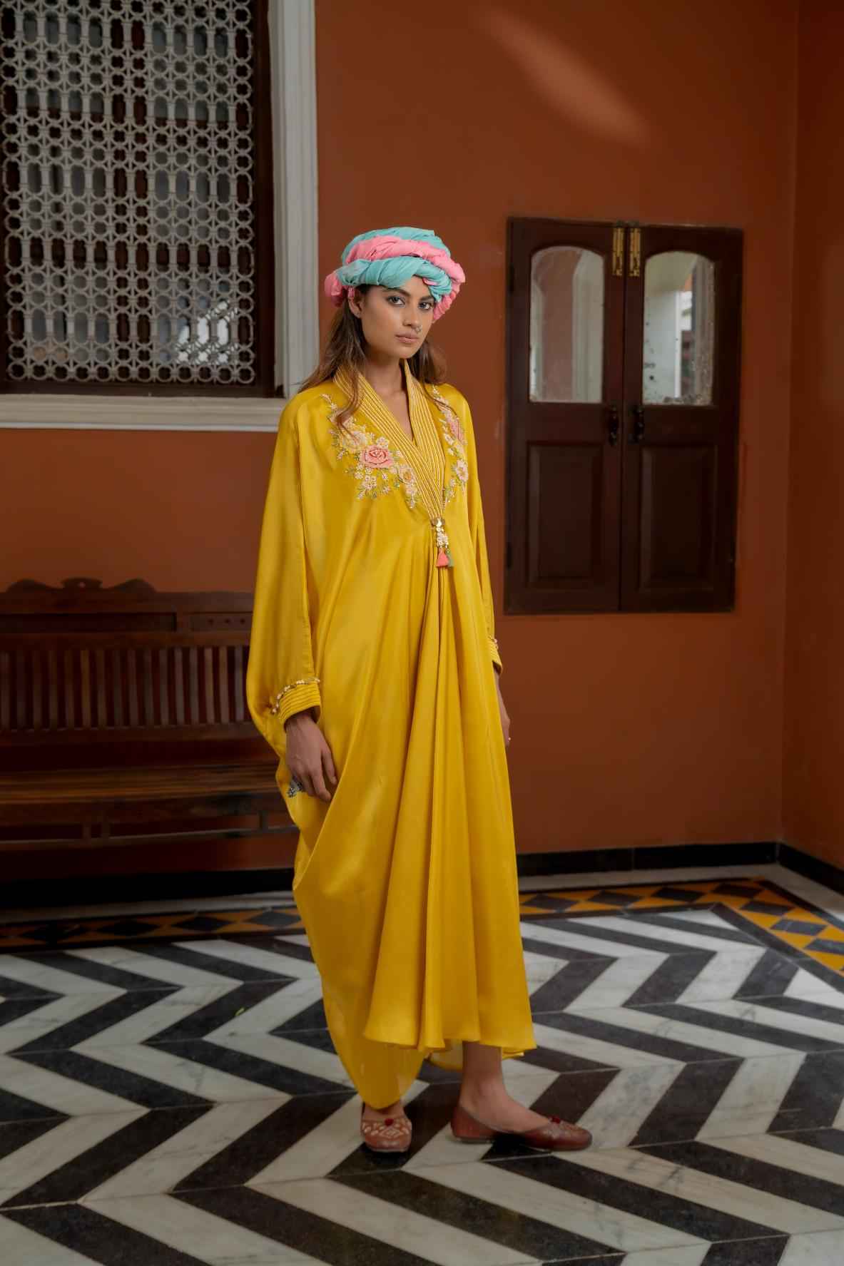 Mustured Organza Satin Kaftan