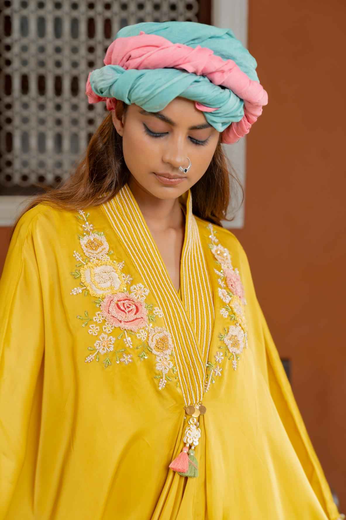 Mustured Organza Satin Kaftan