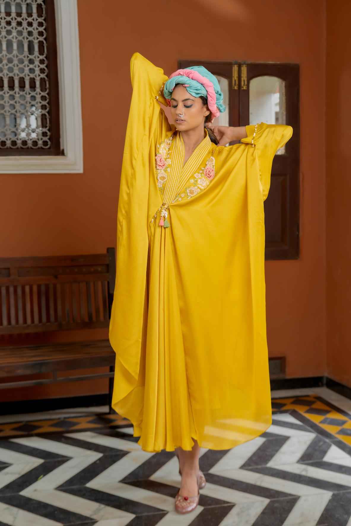 Mustured Organza Satin Kaftan