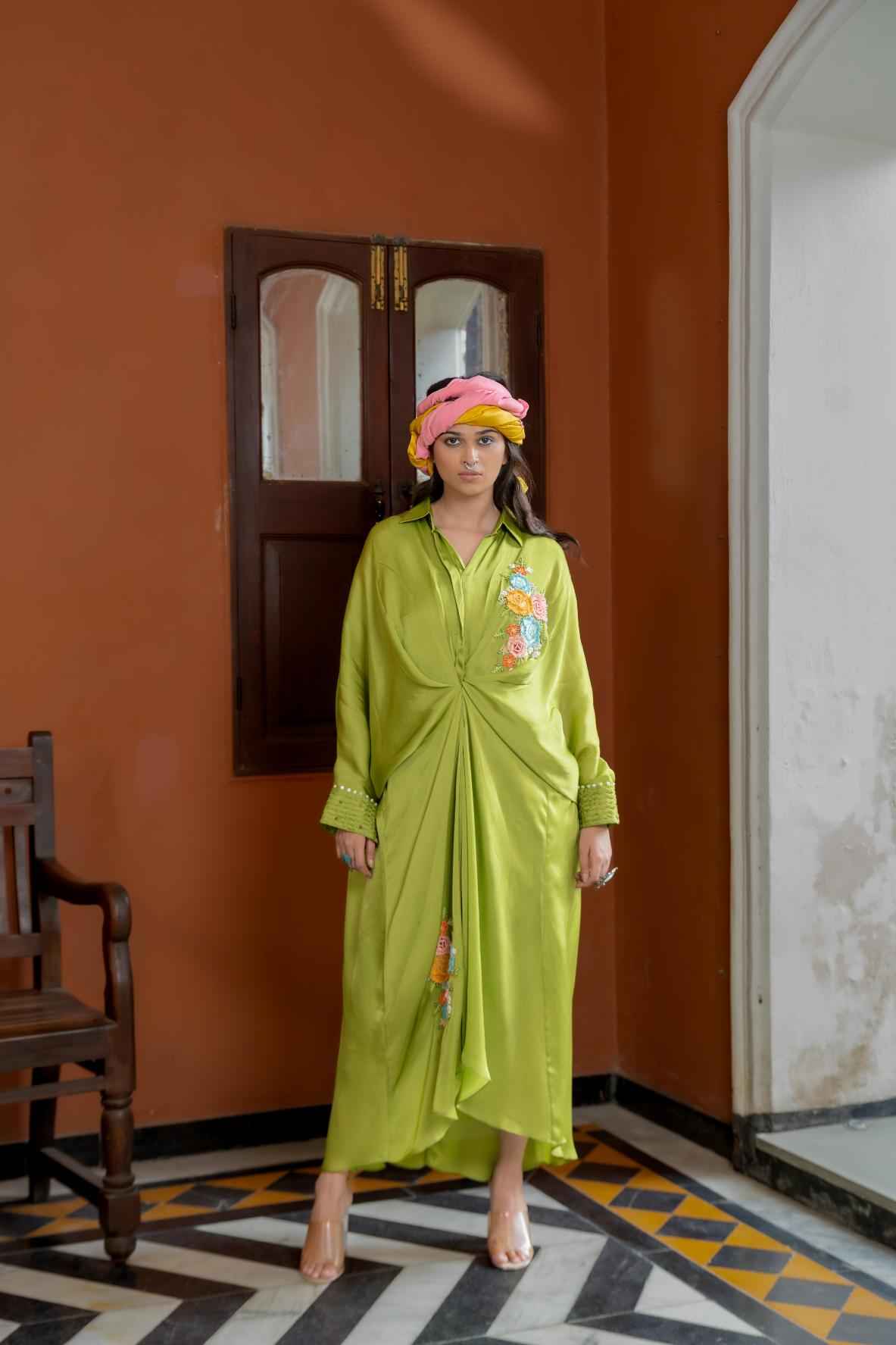 Green Organza Satin Kaftan