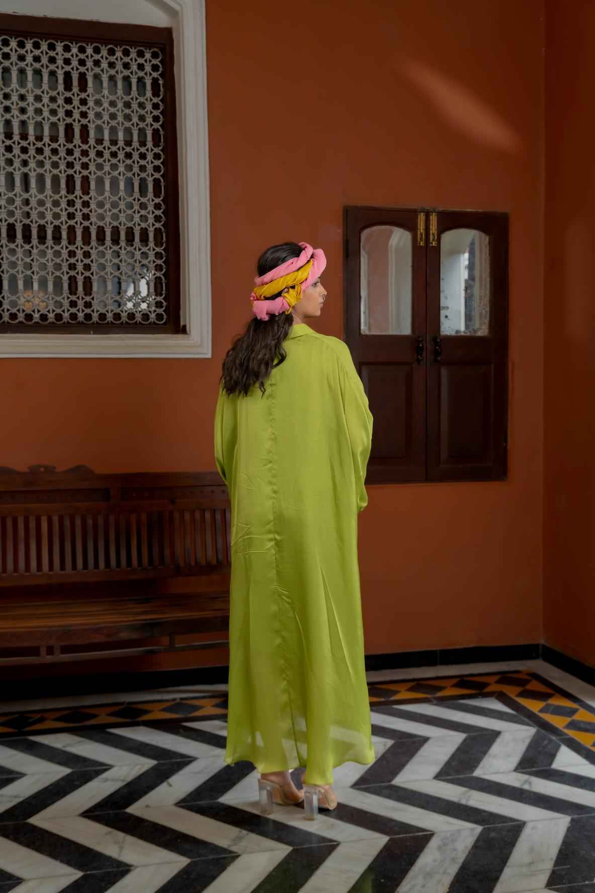 Green Organza Satin Kaftan