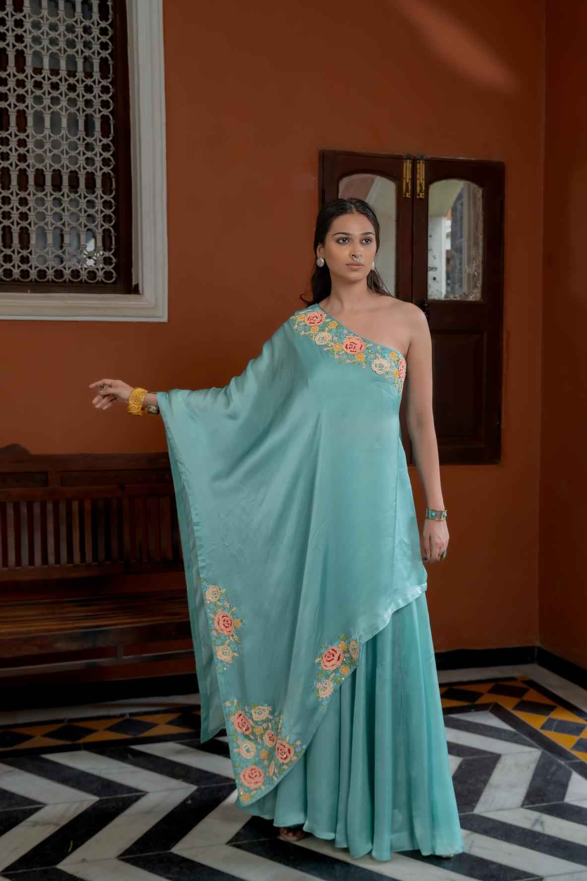 Blue Organza Satin One Shoulder Kaftan Set