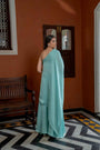 Blue Organza Satin One Shoulder Kaftan Set
