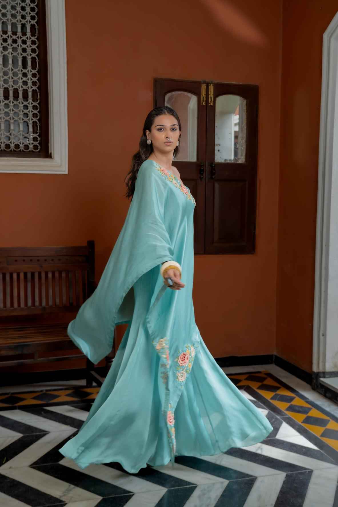 Blue Organza Satin One Shoulder Kaftan Set